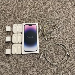 Apple iPhone 14 Pro Max Box, 3 Adapters, 3 Earphone Cases, and 2 Charging Cables