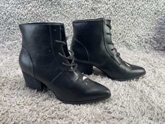 Womens Ankle Boots Lace Up Midcalf High Heeled Short Booties Aura Black Size 7