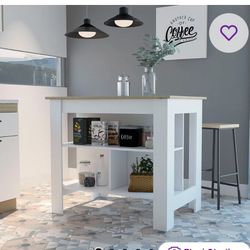 Cala 3-Shelf Wooden Kitchen Island with two Black Wooden and Metal Island Chairs -