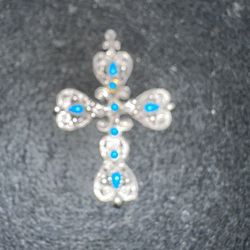 Ornate Faux turquoise Cross pendant- approximately 1.5 x 2.5 inches