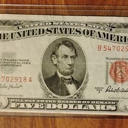 USA America vintage 1953  Red  Seal  $5  five Dollars bill banknote currency
