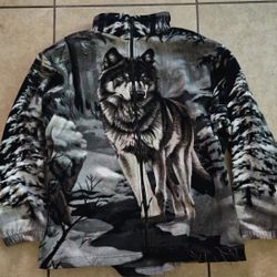 Wolf Print Vintage Fleece Full Zip Jacket