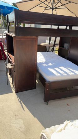 Dark Wood Loft Bunk Bed with Storage