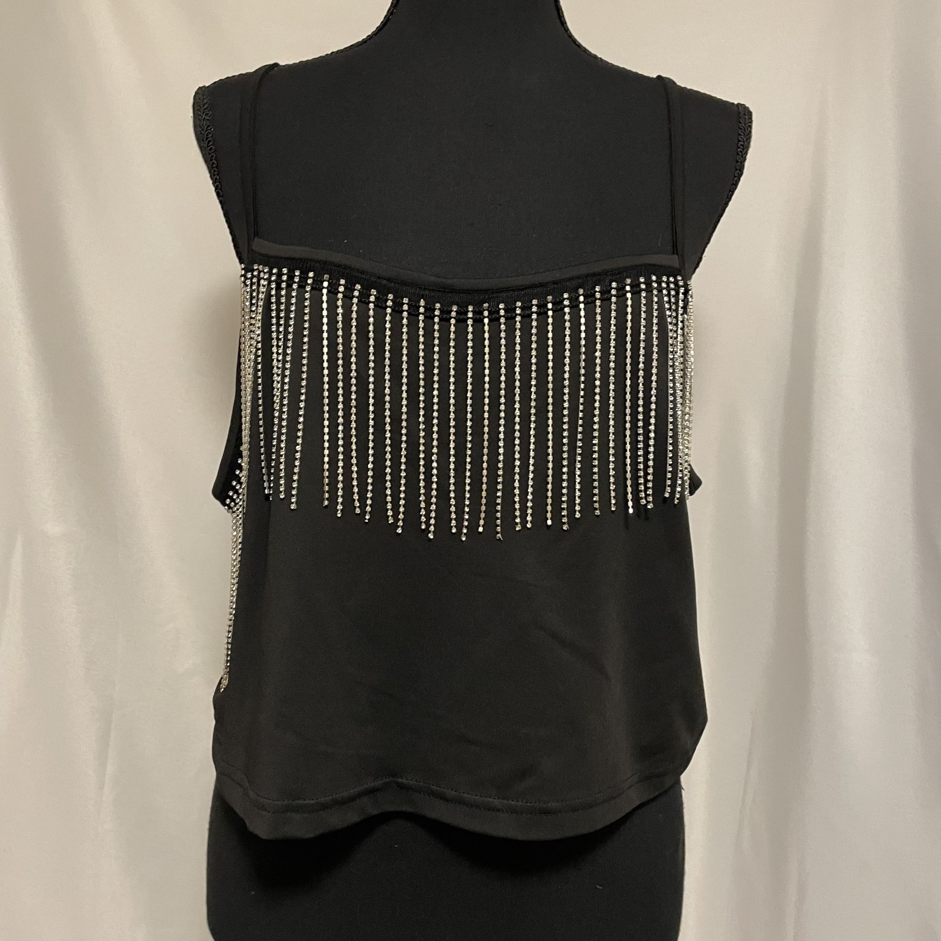 Women’s XL black Crop Cami Top W Rhinestone Fringe Sparkle Stretchy