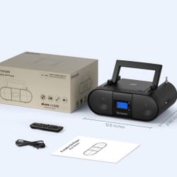 CD Player Portable, FM Radio with Dual Stereo Sound System, Rechargeable Bluetooth Boombox with Remote Control, Playback CD/CD-R/CD-RW/MP3, Support US