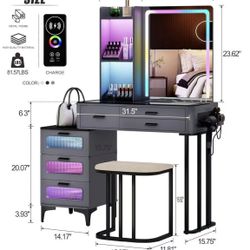 🥨Makeup Vanity Desk with Mirror Lights: Vanity Table with Wireless Charging Station Mobile Dressing Table with Glass Top Design & Hair Dryer Holder 