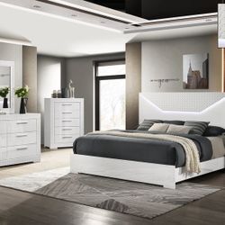 Brand New White Gloss Finished Wood Queen LED Bedroom Set 