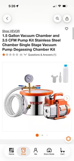 VEVOR
1.5 Gallon Vacuum Chamber and
3.5 CFM Pump Kit Stainless Steel Chamber Single Stage Vacuum Pump Degassing Chamber Kit

$65