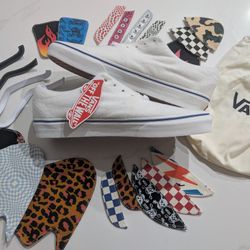 VANs Heritage DIY True Low Skateboarding Sneakers White/Blue 9.5 With Patches