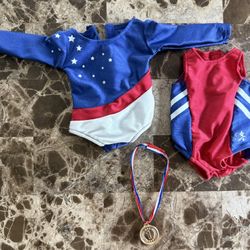 American Girl Doll Stars and Stripes Swimsuit/Leotard with Gold medal necklace.