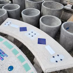 Concrete Mosaic Tile Inlay Curved Benches / Cement Garden Patio Bench / Outdoor Patio Furniture