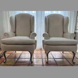 Pair of Traditional WINGBACK Queen Anne Style Chairs in Off-White