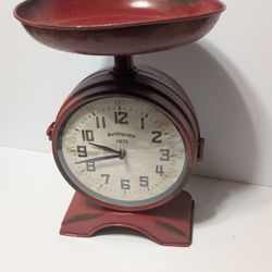 Vintage Red Metal Scale Clock Decor – Farmhouse Kitchen Style, 14.5" Tall

