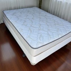 4 pc: Like NEW Sealy queen size mattress $95, boxspring $45, metal bedframe $45, nightstand $20 