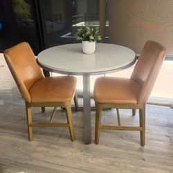 Round Marble Dining Table with 2 Leather Chairs