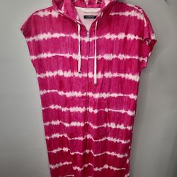 Lauren Ralph Lauren S Beach Cover Up Pink White Tie Dye Hoodie Dress Cover Up NEW