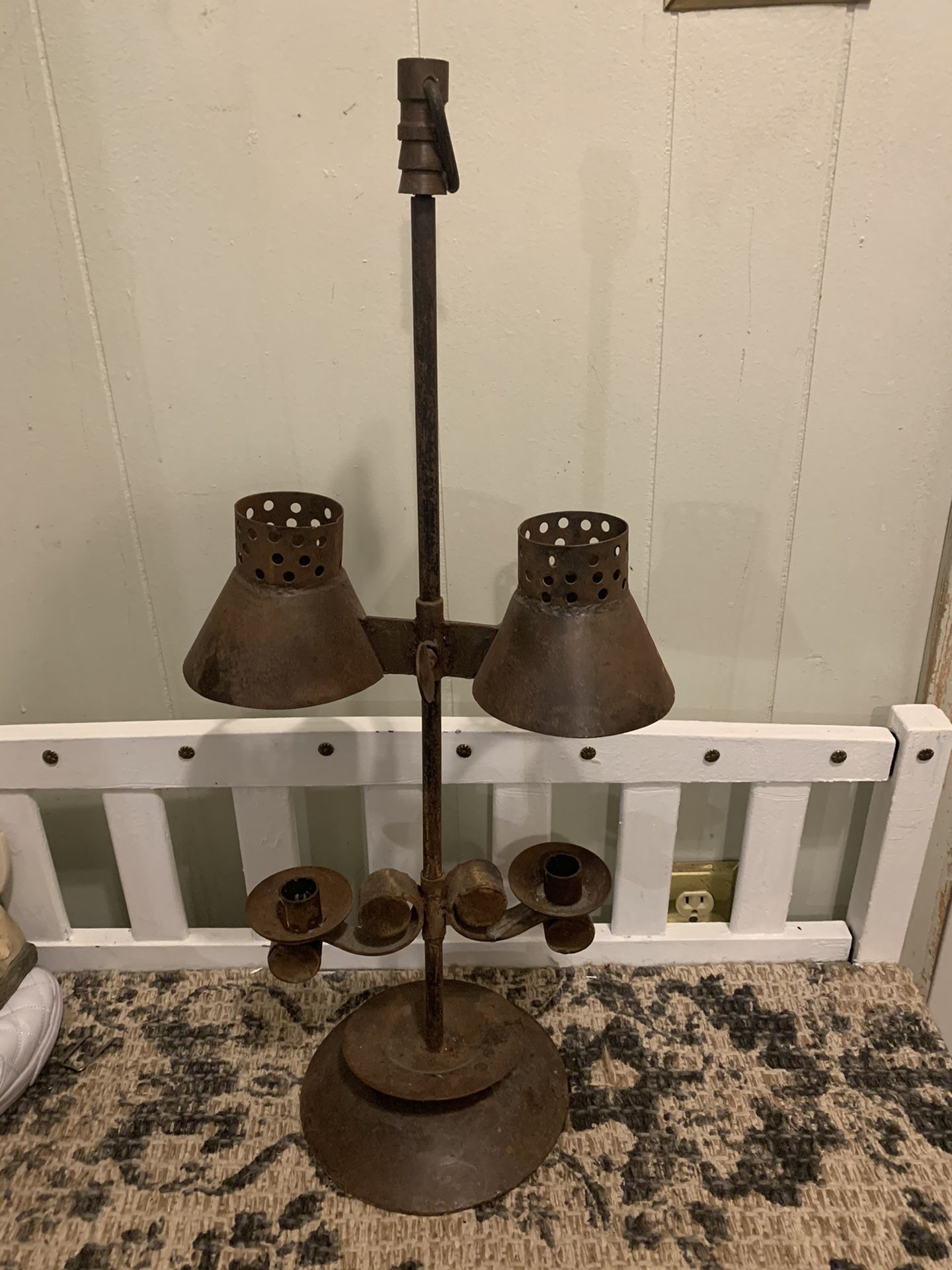 Vintage 28" tall rustic Metal double Candle Holder candle sticks with shades