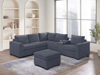 Sectional sofa W Ottoman L Shape, Dark Grey Wide Welt Corduroy fabric, New Especial price 
