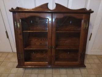 Antique Oak Wall Hung Curio Cabinet with 3 Fixed Shelves and Glass Doors
