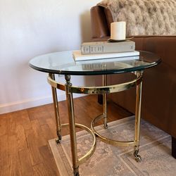 Vintage Brass & Glass Side Table on Casters | Hollywood Regency Glam