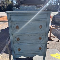 Vintage Blue Wood Dresser With Ornate Drawers & Antique Hardware