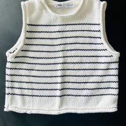 Zara Blue White Striped Knit  Sweater Sleeveless Vest Womens Size Small