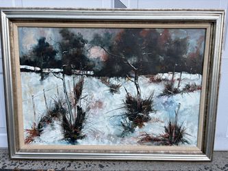 Vintage Signed Oil or Acrylic Painting Landscape Snowy Rural Winter Forest Trees Signed Jarlier ?