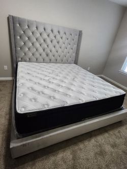 King bed frame gray silver velvet including mattress pillow top on sale for: