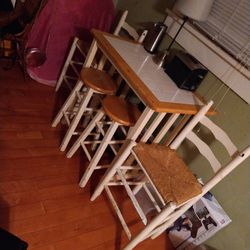 Breakfast Table And 2 Stools And Or 2 Ladder back Bar Height Chairs White And Cedar Color