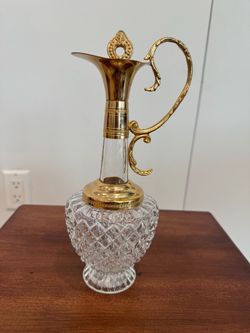 Vintage Gold Tone Glass Ewer Decanter Ornate Handle Spout 9" Decorative