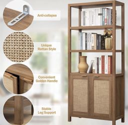Bookshelf 5 Tier Book Shelf Rattan Boho 71" Tall Bookcase with Doors Storage Shelves Large Bookshelves Farmhouse Bookcases Library Book Case for Livin