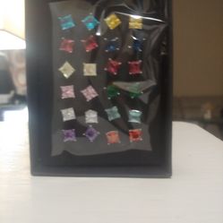 Multi Color Cubic Zirconia And Simulants Rhodium Over Silver Stud Earring Set Of 12, 19.40ctw