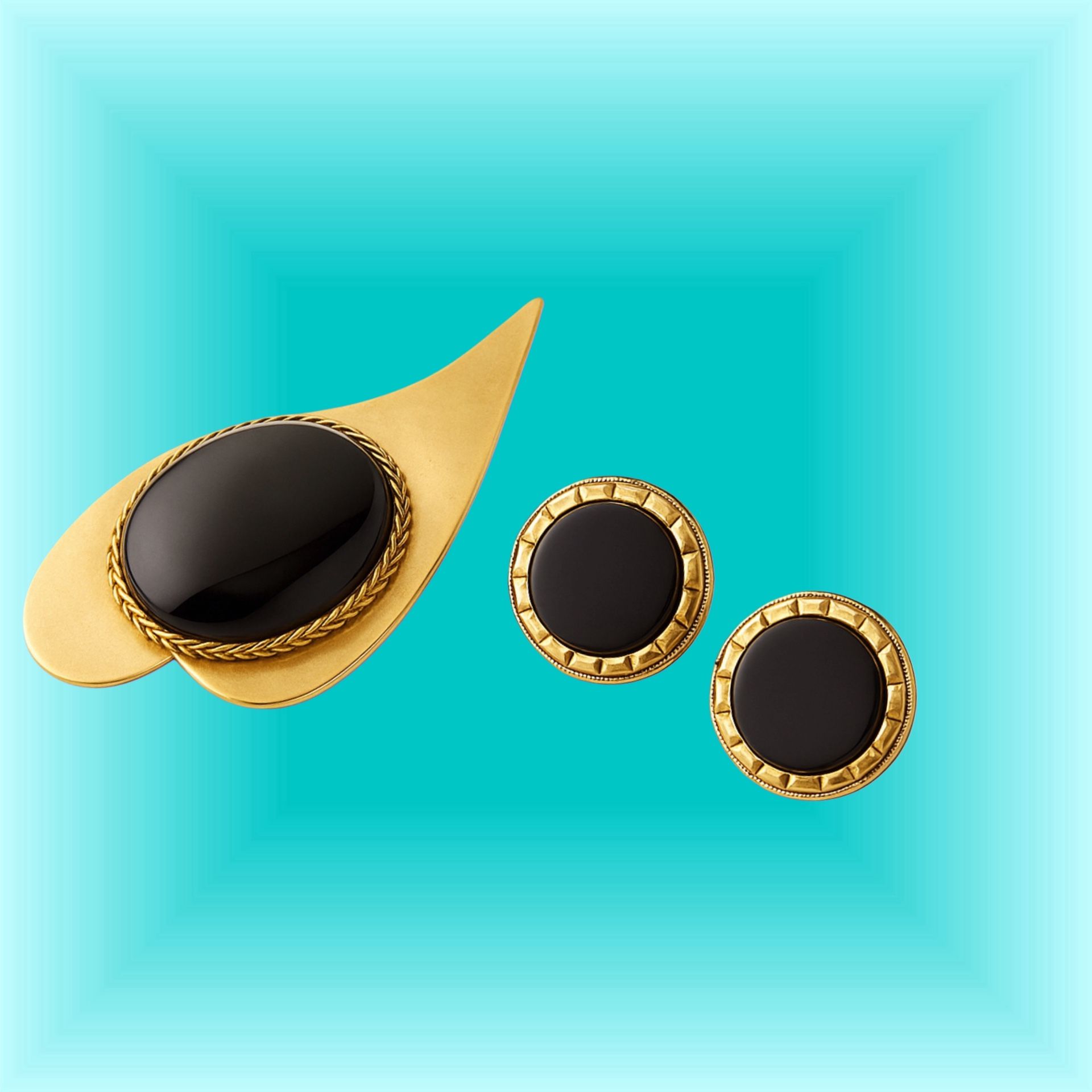 Vintage 1960s Sculptural Black Gold Brooch And Earrings Set