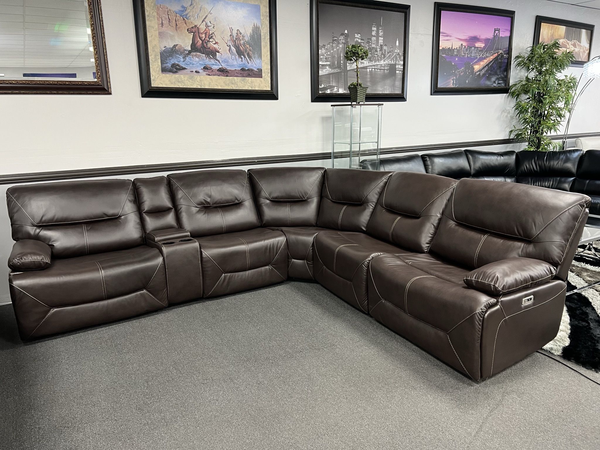 Brown Leather Sofa Sectional w/ Power Motion Recliners