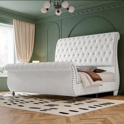 Luxurious Velvet Upholstered Sleigh Bed with Elegantly Scrolled Headboard and Footboard, Featuring a Button-Tufted Base, Box Spring Not Needed