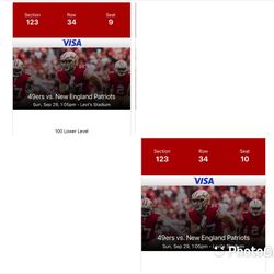 SF Niners Vs. New England Patriots  tickets And Free Food And Drinks.  - Sunday 9/29/24. - $220/ea. 