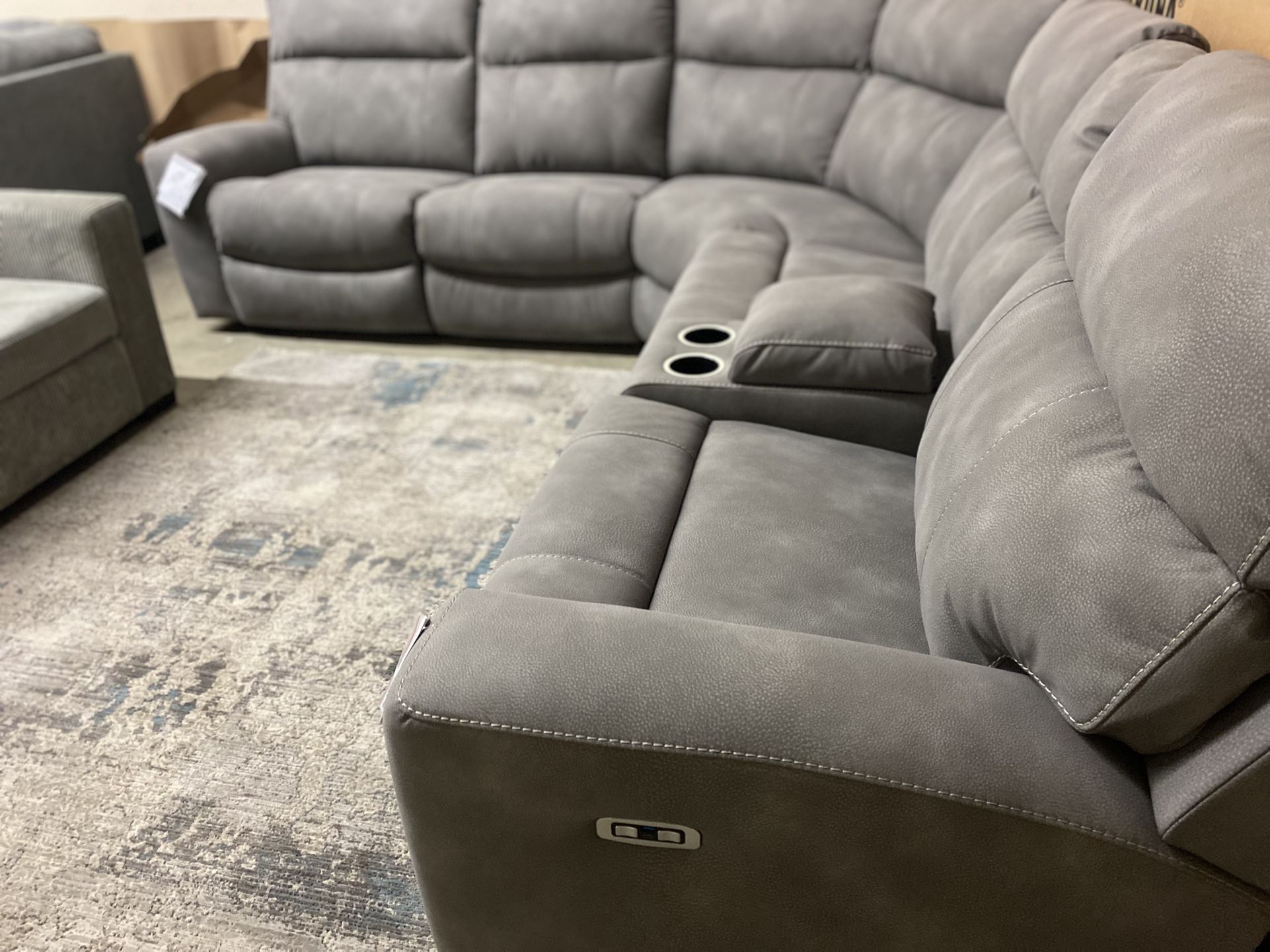 POWER RECLINING SECTIONAL Grey 120x105 USB ports storage console adjustable headrests $2,799 (was $4,299)