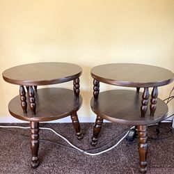 MCM George B. Bent 2-tiered Round Maple Side Tables Set 