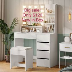 🔥ON SALE🔥37" W Vanity Desk, Vanity Mirror with Lights and Table Set with 5 Drawers, Vanity Set 3 Lighting Modes Brightness Adjustable for Bedroom St
