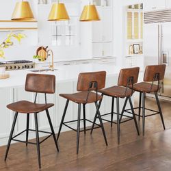 24.5" Red Brown Bar Stools Set of 4, Faux Leather Upholstered Counter Height Bar Stools with Backs, Metal Footrest and Legs, Armless Bar Chairs for Ki