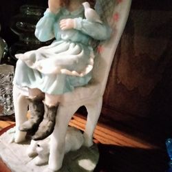 Porcelain Girl Sitting On A Chair With A Cat At Her Feet Very Old Perfect