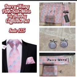 👔New! Sale Barry Wang Pink and Blue Check Silk Necktie Set- ) reseda ca
