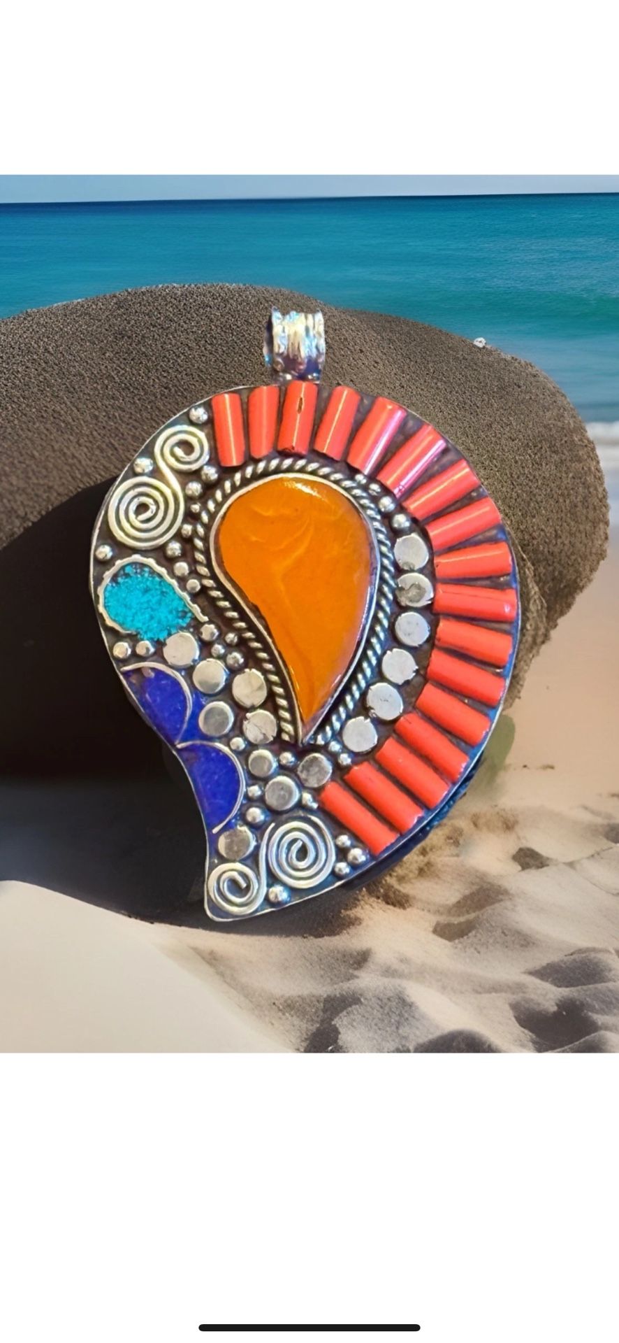 Exquisite Handcrafted Ethnic Tibetan & Navajo Style Nature Leaf Theme Pendant With Amber,Coral Set In Silver 3”in & 44grams