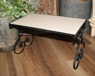 Large Vintage Wrought Iron & Tile Folding Garden Plant Stand Table Decor Riser * READ DESCRIPTION