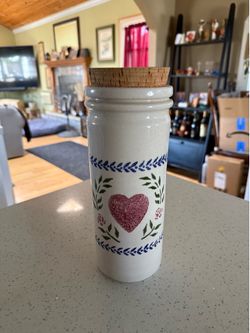 Vintage Folk Art Ceramic Canister with Cork Lid – Pennsylvania Dutch Heart Stoneware Crock