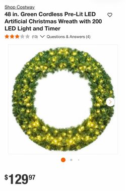 48 in. Green Cordless Pre-Lit LED Artificial Christmas Wreath with 200 LED Light and Timer