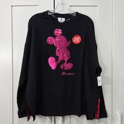 DisneyParks Disneyland Mickey Reversible Pink & Silver Sequin Sweatshirt Size Large NWT