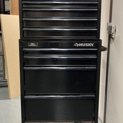 Husky 9-Drawer Rolling Tool Chest & Cabinet Combo – 2-Piece Set, Ball-Bearing Drawers, Locking, Black with Chrome Finish