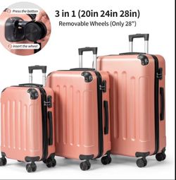 3 Pcs Hardside Luggage Set with Detachable Wheels, Mixed Color Lightweight ABS Suitcase with Lock & Spinner Wheels, Durable Travel Trolley Bag