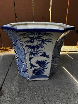 Blue and White Ceramic Hexagonal Planter